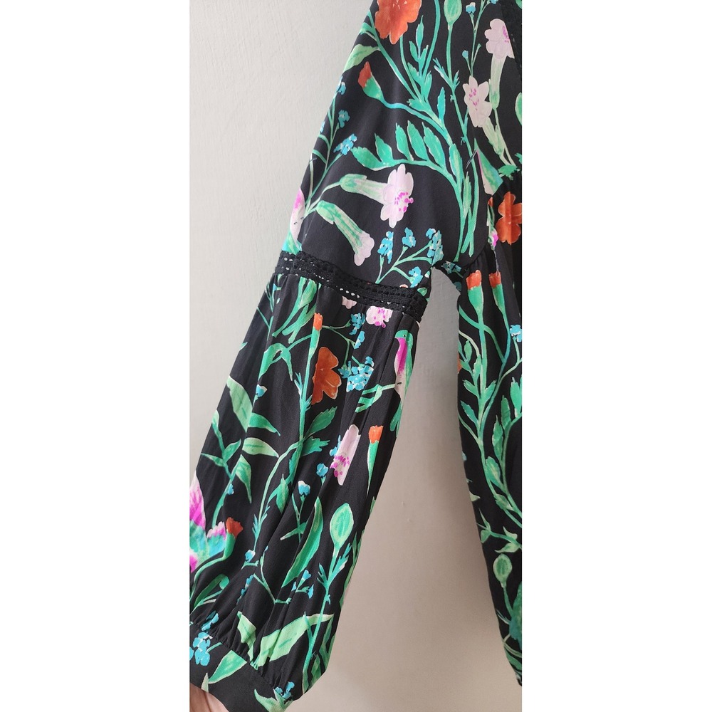 Kate Spade Silk Floral Bird Blouse Black Crochet Trim NJMU7761 Womens Medium - Picture 6 of 12